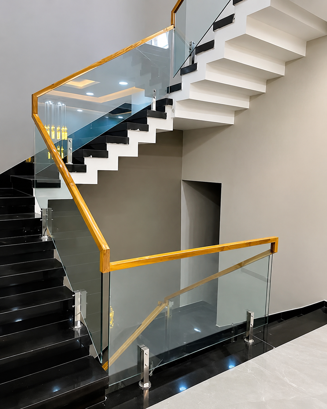Luxury PVD coated glass railing design for balcony and staircase by Aryan Steel Art