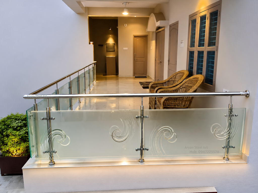 Modern balcony glass railing for home with premium stainless steel frame and elegant contemporary design by Aryan Steel Art