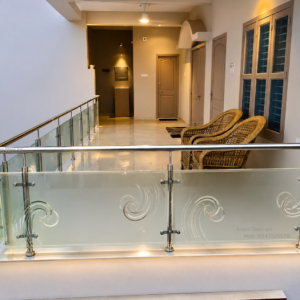 Modern balcony glass railing for home with premium stainless steel frame and elegant contemporary design by Aryan Steel Art
