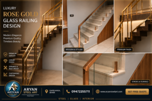 Luxury rose gold stainless steel glass railing design for modern staircase