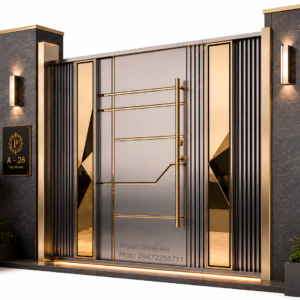Luxury stainless steel double door design with modern black finish for premium home entrance
