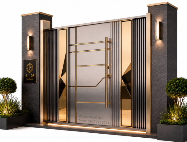 Luxury stainless steel double door design with modern black finish for premium home entrance