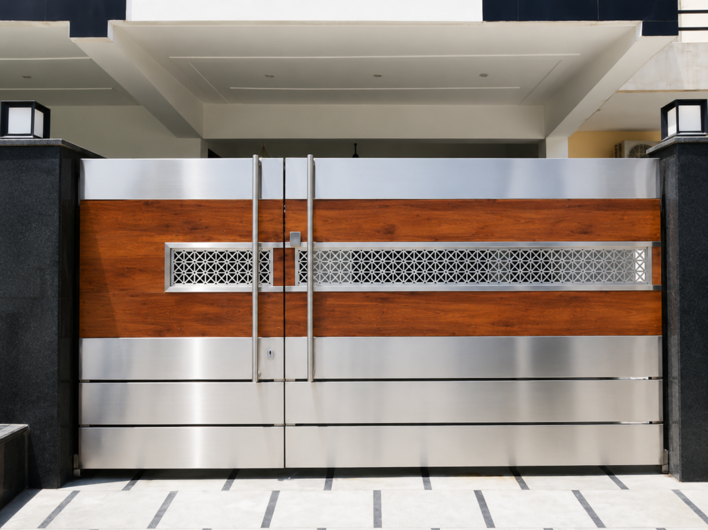 Modern steel main gate design made of stainless steel for home and villa entrance with luxury and strong security look