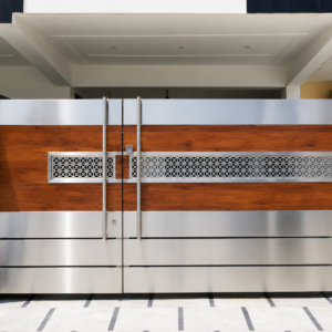 Modern steel main gate design made of stainless steel for home and villa entrance with luxury and strong security look