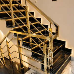 Modern stairs for home with stainless steel railing design