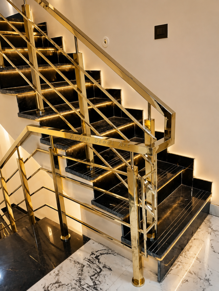 Modern stairs for home with stainless steel railing design