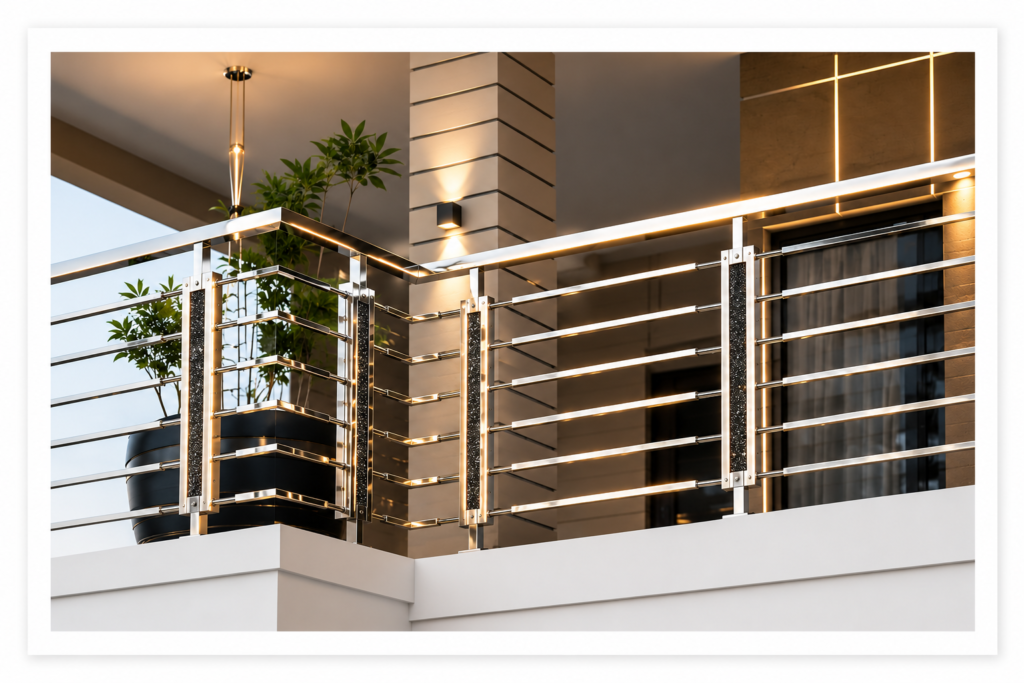 Luxury stainless steel railing design for balcony with modern geometric pattern in Darbhanga Bihar