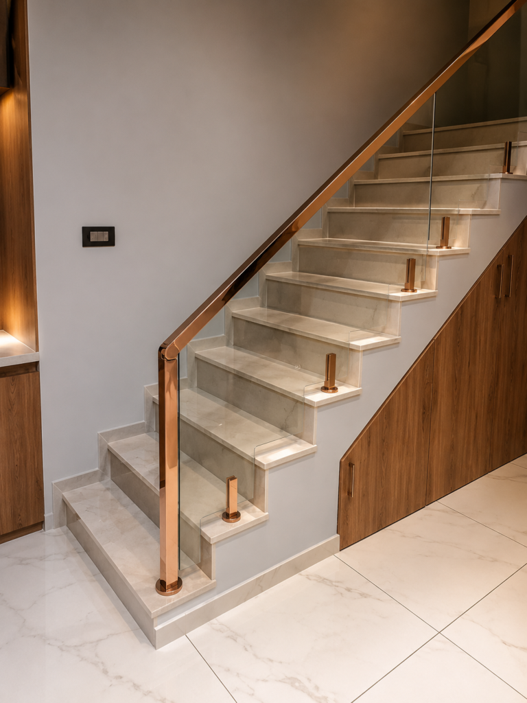 Rose Gold Glass Railing Design for Modern Stairs in Darbhanga | Aryan Steel Art