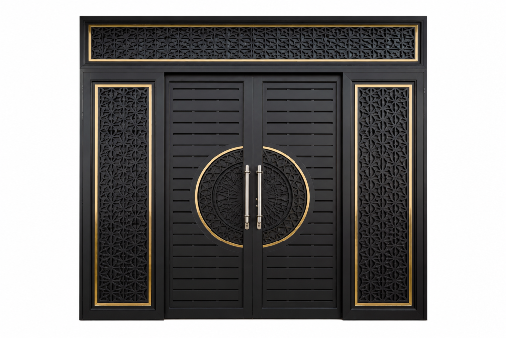Sliding folding main iron gate with modern black design for residential and commercial entrance