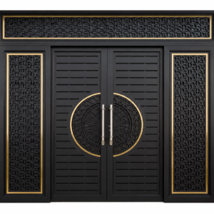Sliding folding main iron gate with modern black design for residential and commercial entrance