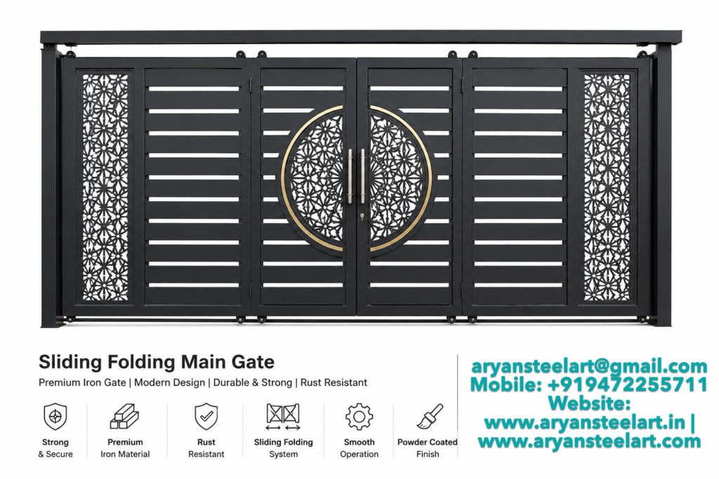 Sliding folding main iron gate with modern black design for residential and commercial entrance
