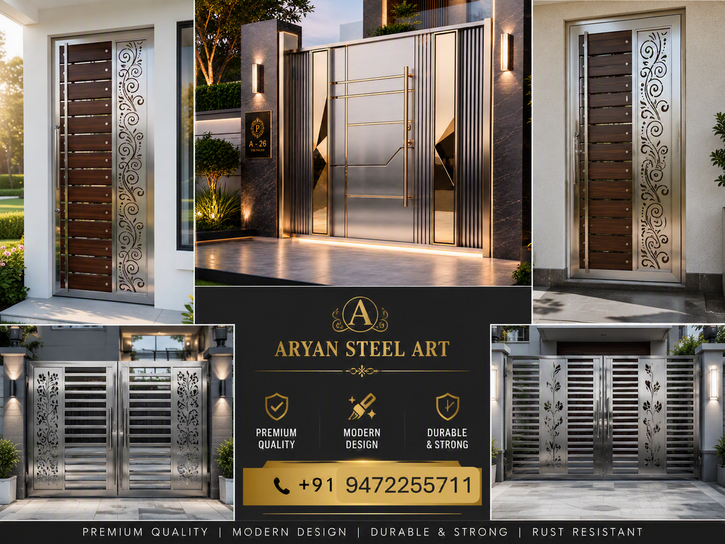 Luxury door design and designer stainless steel gate collage by Aryan Steel Art