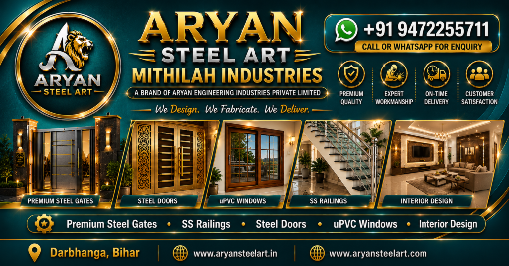 Aryan Steel Art Mithilah Industries premium steel gates, SS railings, steel doors, uPVC windows and interior design services in Darbhanga Bihar
