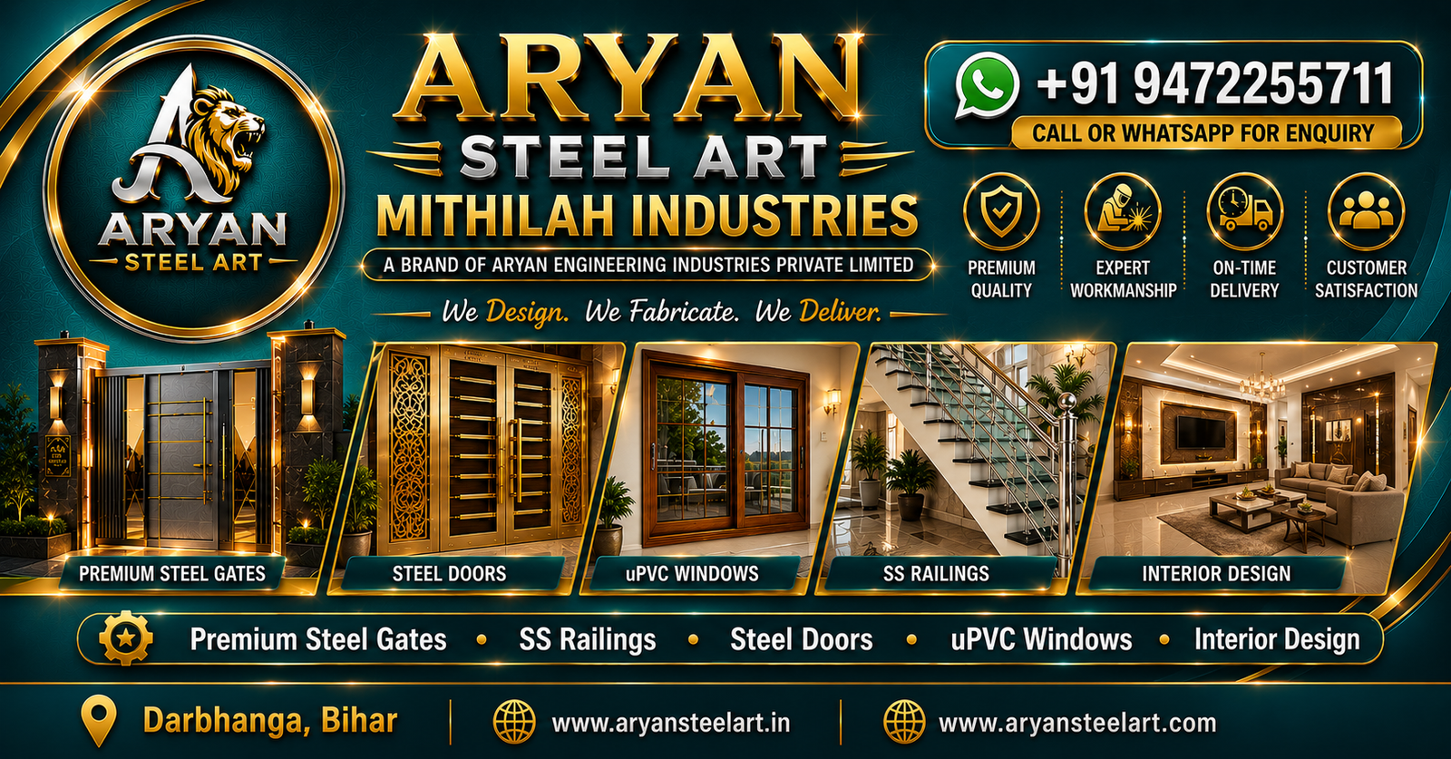 Aryan Steel Art Mithilah Industries premium steel gates, SS railings, steel doors, uPVC windows and interior design services in Darbhanga Bihar