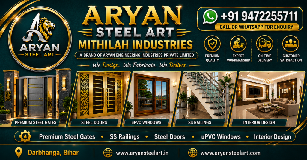 Aryan Steel Art Mithilah Industries premium steel gates, SS railings, steel doors, uPVC windows and interior design services in Darbhanga Bihar.
