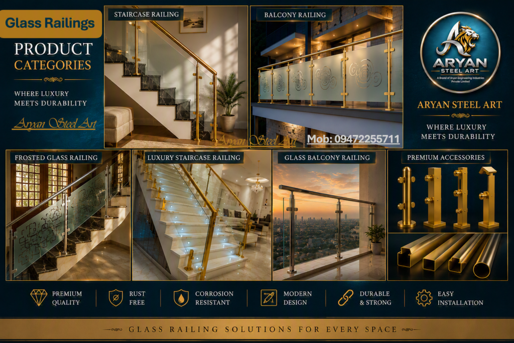 Glass Railing Design for Balcony and Staircase by Aryan Steel Art