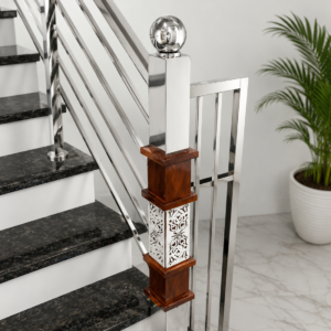 Premium Stainless Steel Staircase Railing Design with Decorative Wooden Newel Post