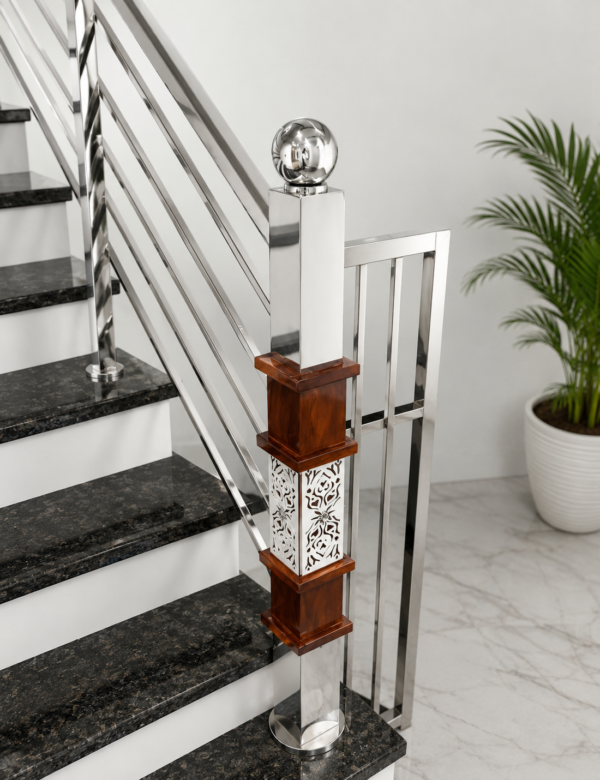 Premium Stainless Steel Staircase Railing Design with Decorative Wooden Newel Post