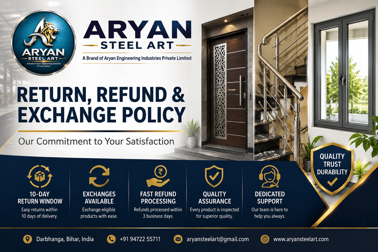 Aryan Steel Art Return and Refund Policy Banner