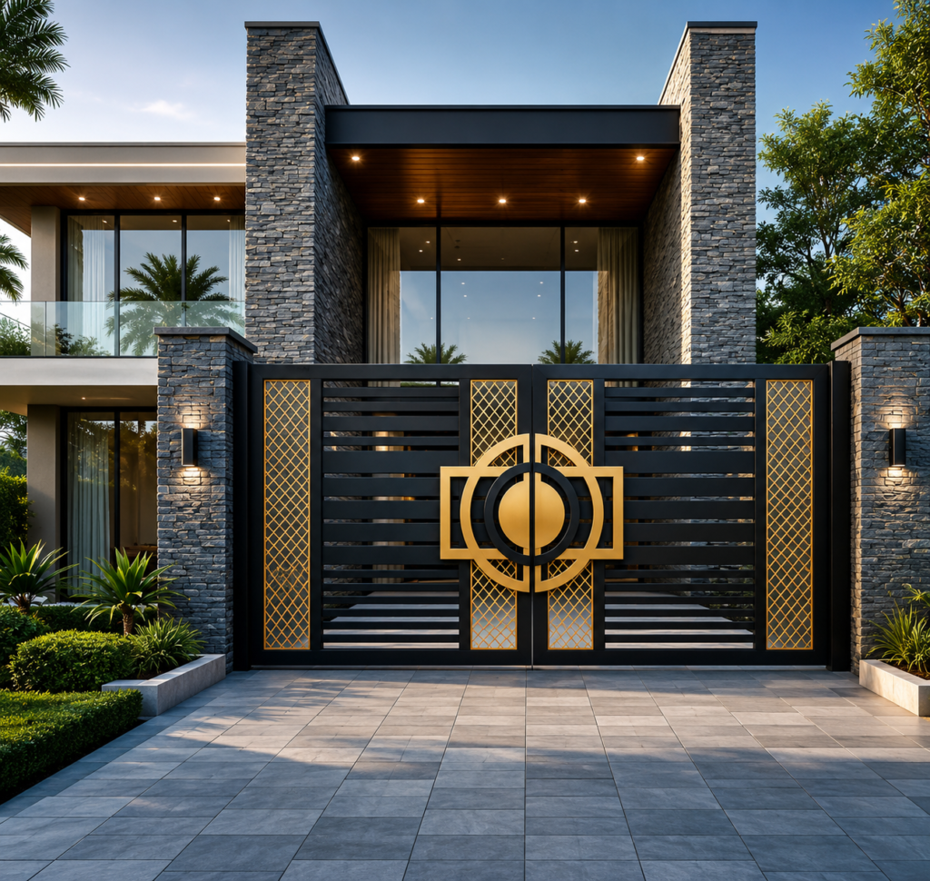 Modern luxury steel door design by Aryan Steel Art with premium black and gold entrance gate for contemporary homes.