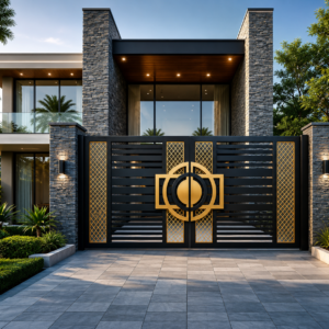 Modern luxury steel door design by Aryan Steel Art with premium black and gold entrance gate for contemporary homes.