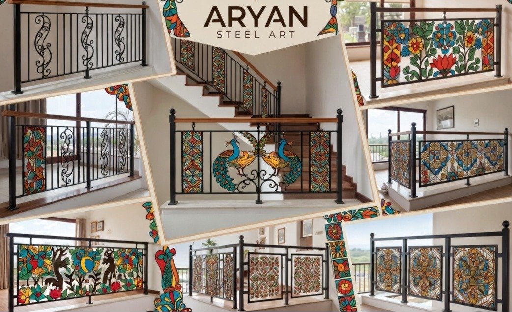 Customized steel railing designs in vibrant Madhubani art style by Aryan Steel Art. Beautiful balcony, staircase and modern railings with traditional Madhubani motifs, peacocks, flowers and geometric patterns.