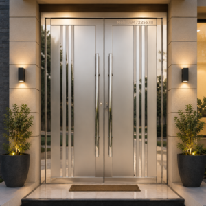 Luxury stainless steel double door design featuring a modern black and gold steel gate by Aryan Steel Art for premium residential entrances.