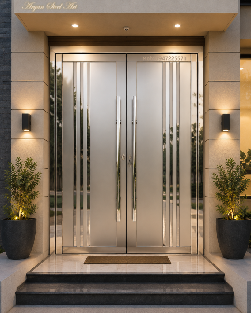 Luxury stainless steel double door design featuring a modern black and gold steel gate by Aryan Steel Art for premium residential entrances.