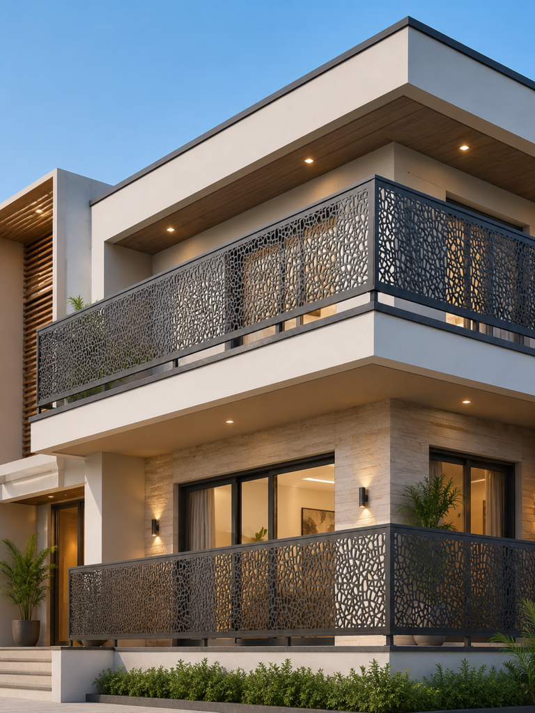 Modern laser cut steel balcony railing design for contemporary home exterior in India