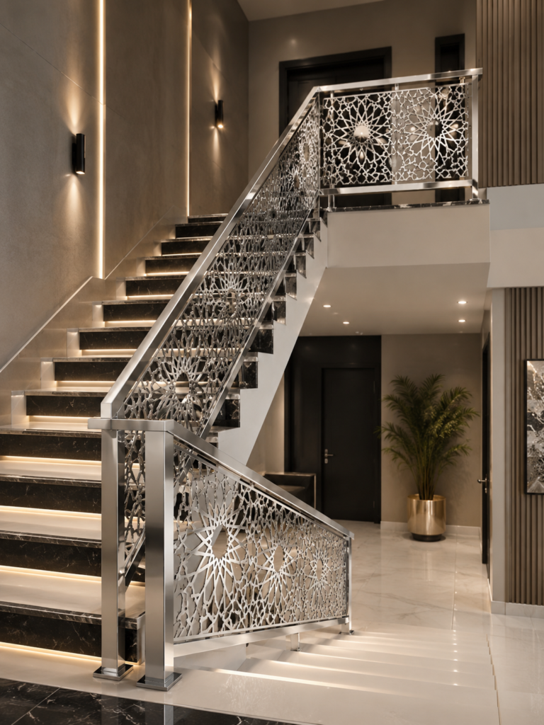 Modern Stainless Steel CNC Railing Design with Decorative Laser Cut Panel