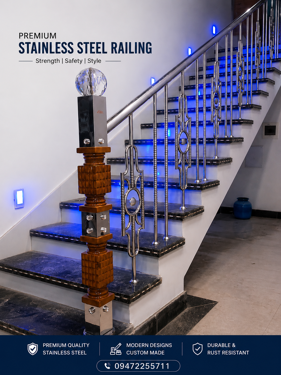 Modern stainless steel railing design for balcony and staircase by Aryan Steel Art