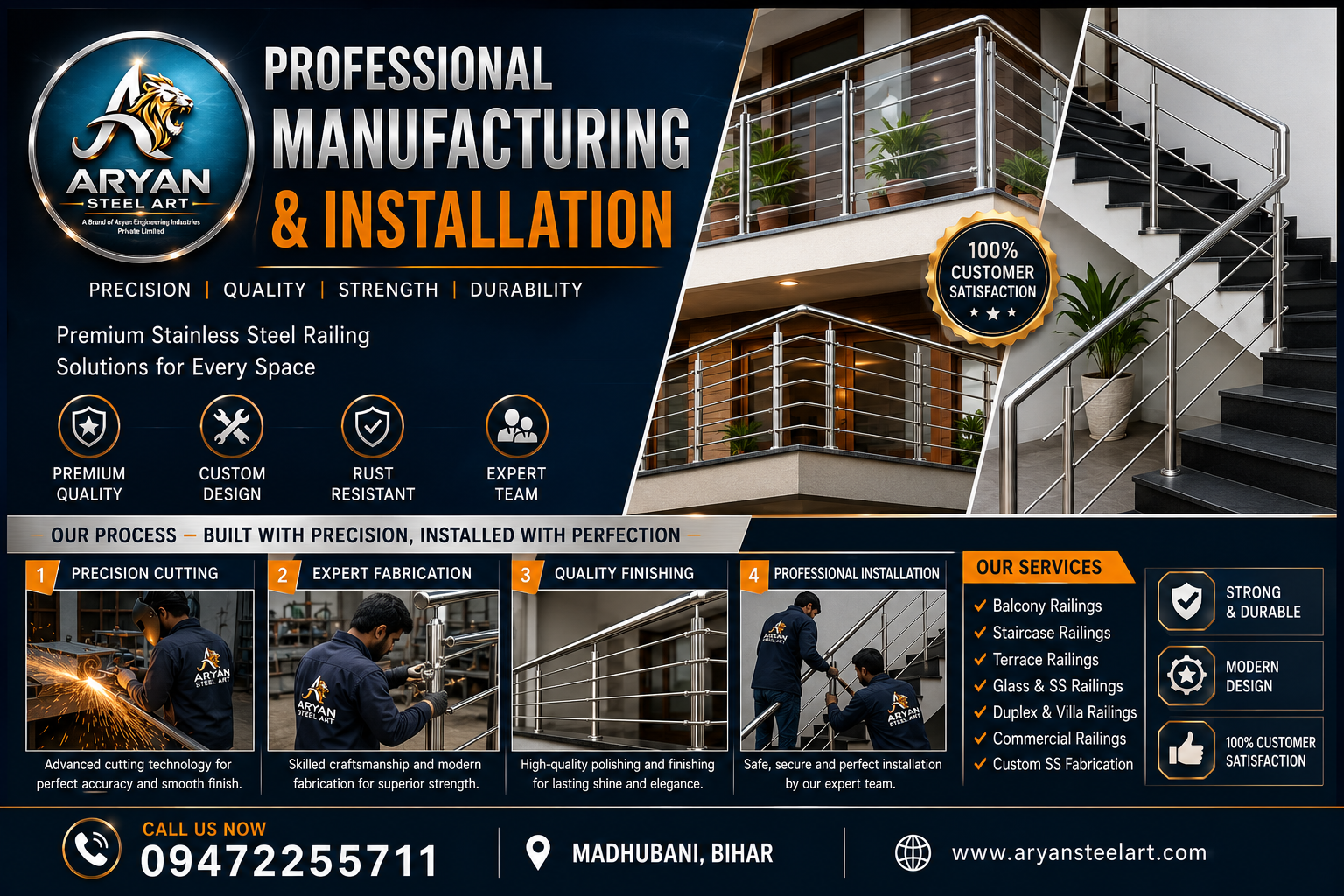 Professional manufacturing and installation of stainless steel railings in Madhubani by Aryan Steel Art with premium fabrication and expert installation services.