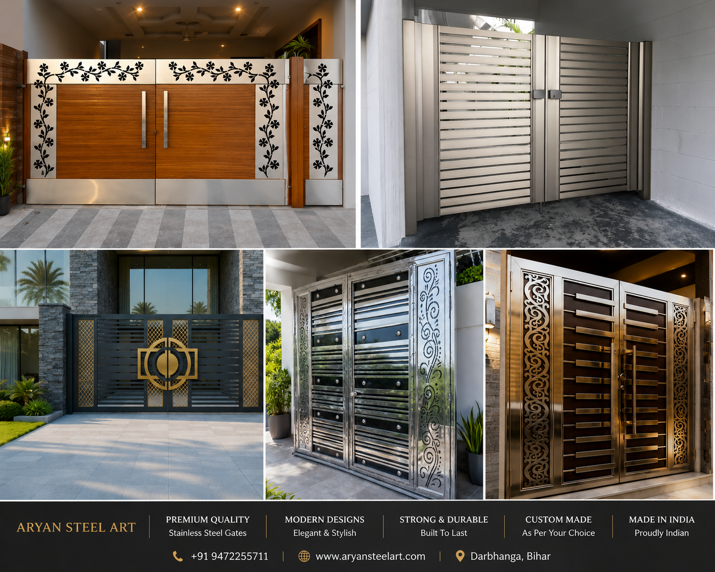 Modern stainless steel gate design for residential house in Bihar by Aryan Steel Art