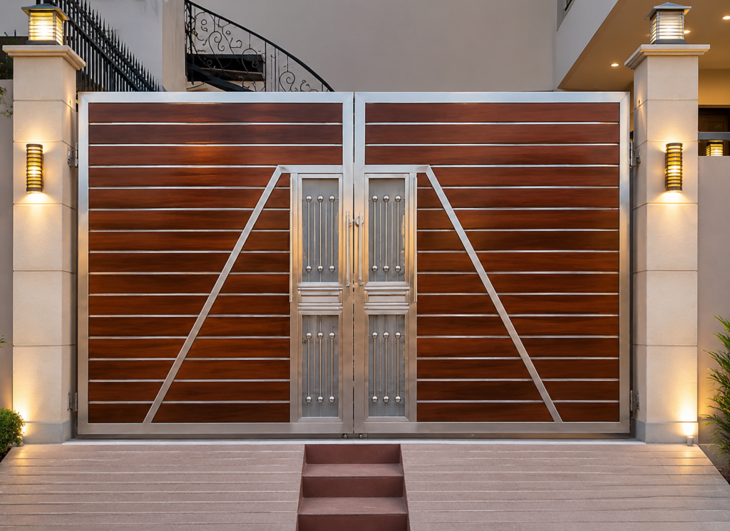 Modern steel gate design double door in premium stainless steel for home entrance by Aryan Steel Art