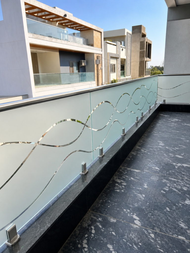 Stainless steel balcony railing design with glass