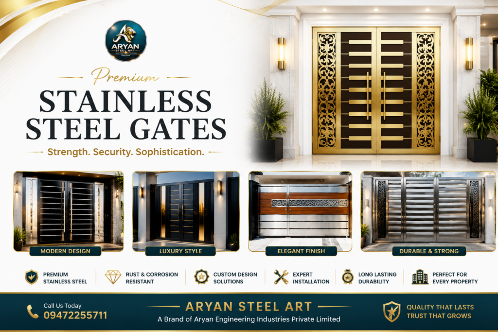 Premium stainless steel gate design for modern home entrance by Aryan Steel Art