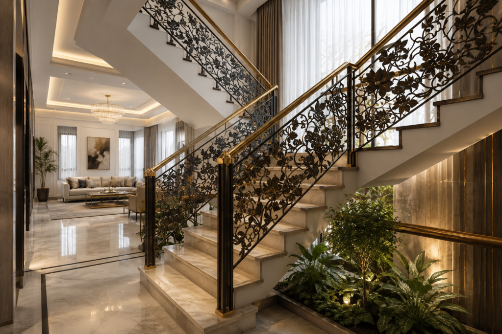 Modern stainless steel stair railing design for home