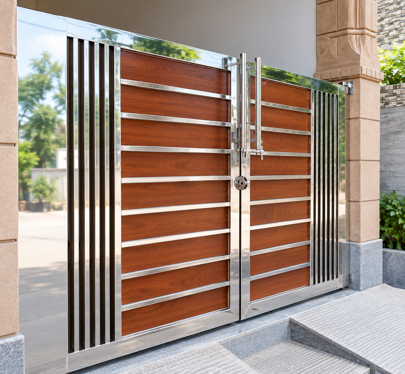 Stainless steel entrance gate design for a modern home